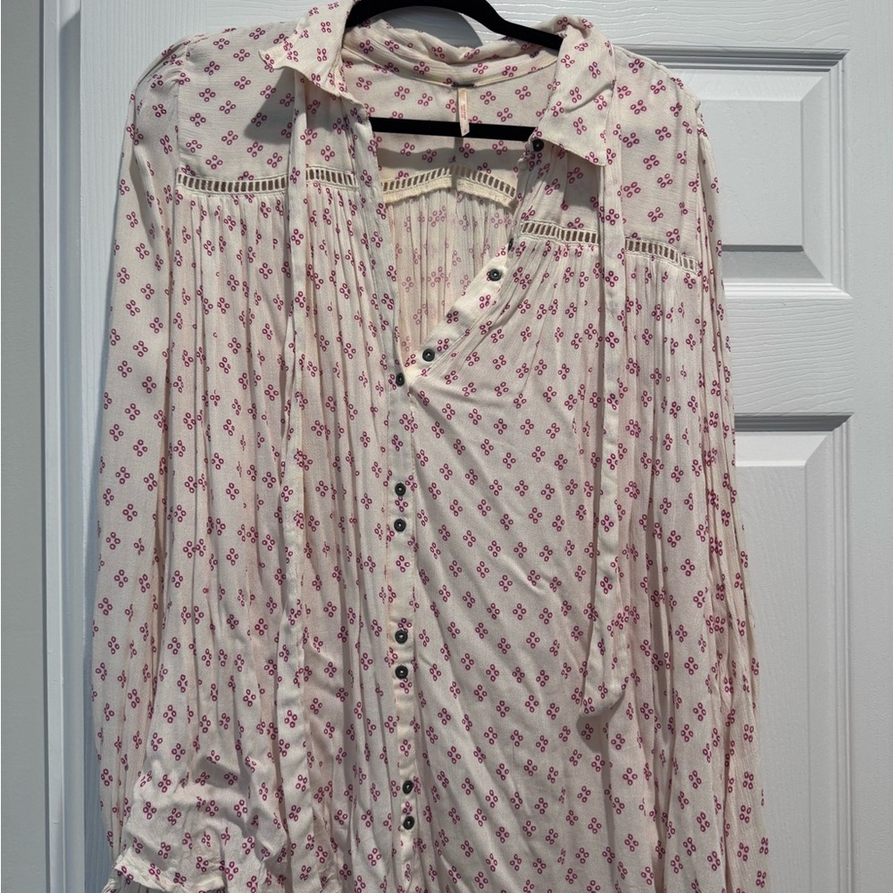 Free People Cream and Pink Floral Button-Up Blouse